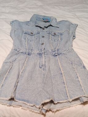 Peach Love California Light Blue Denim Short Romper NWT